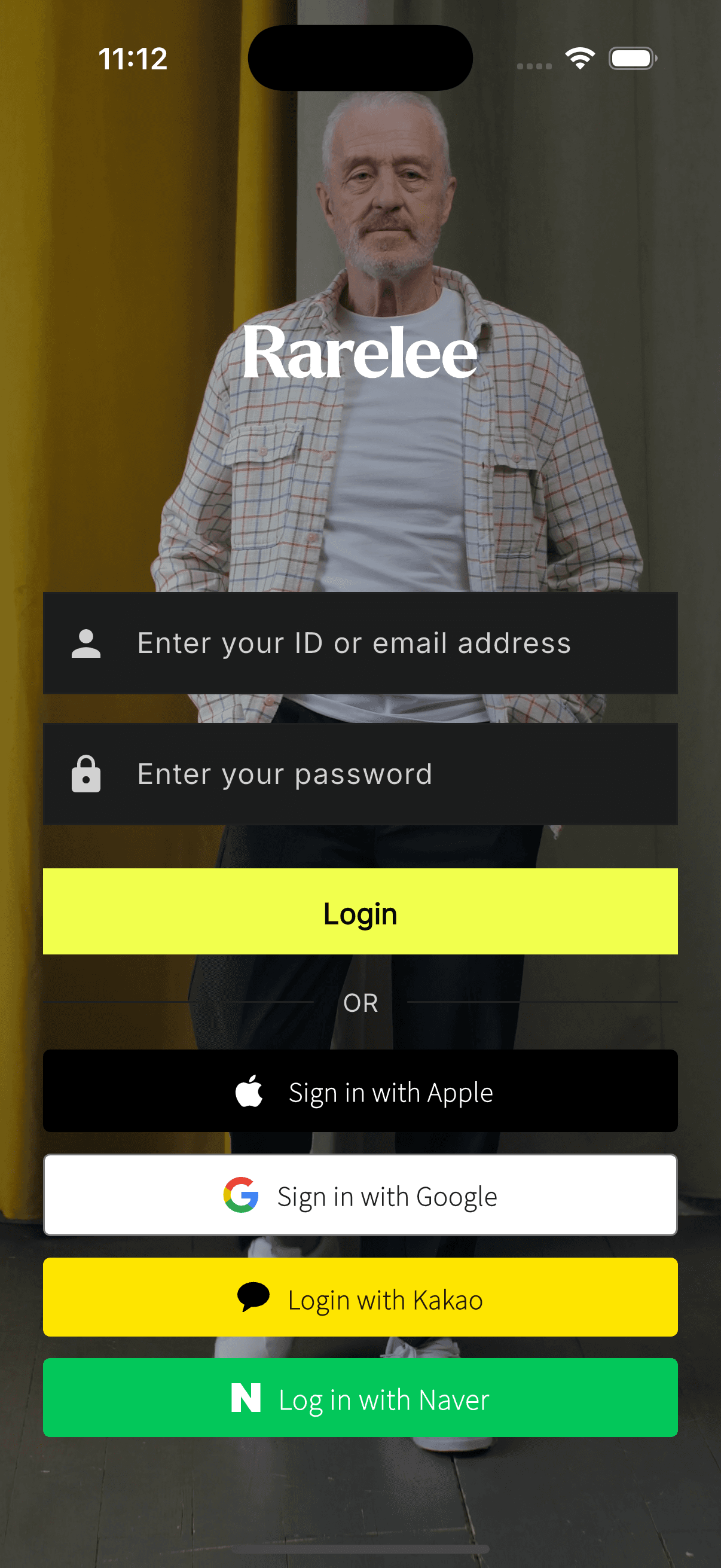 Rarelee login screen with social sign-in options