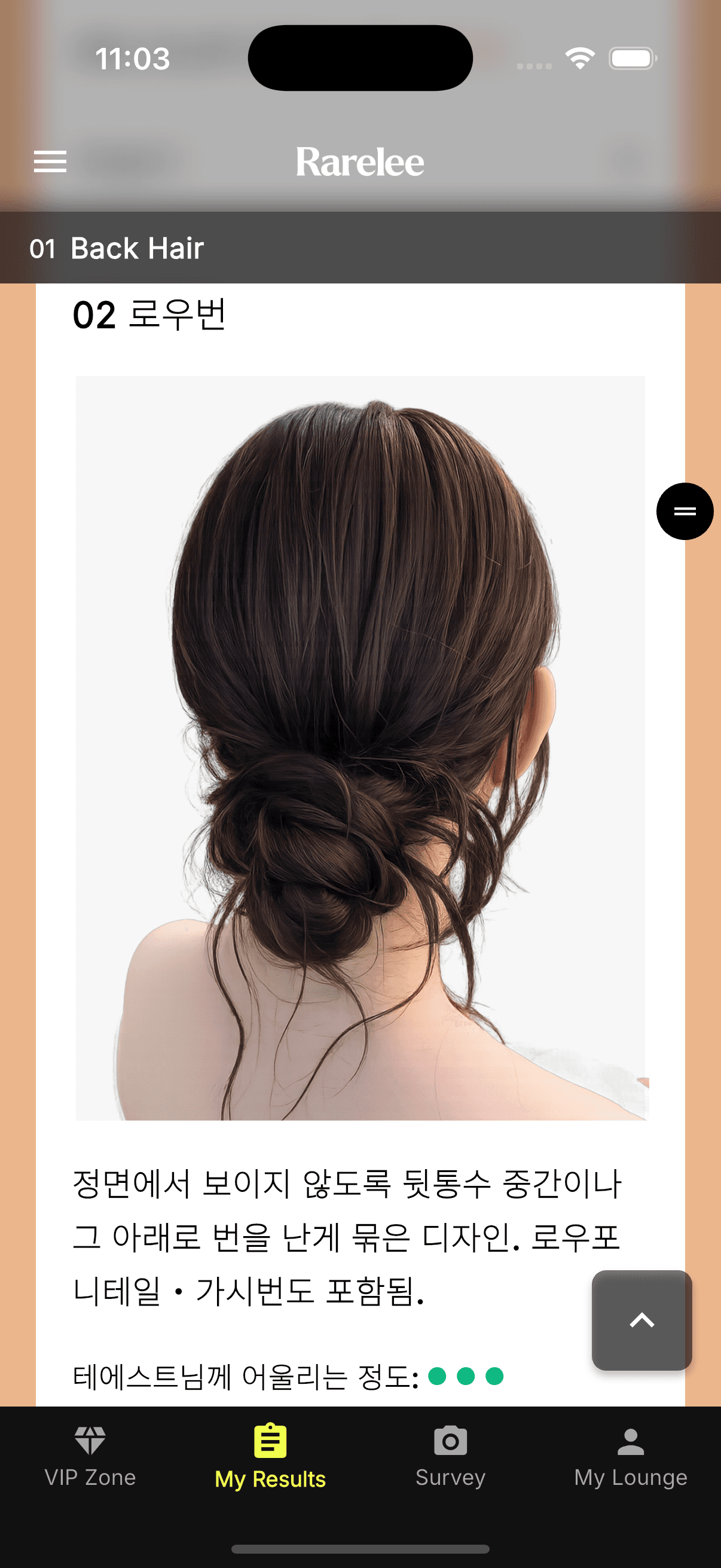 Rarelee styling result detail for a low-bun hairstyle